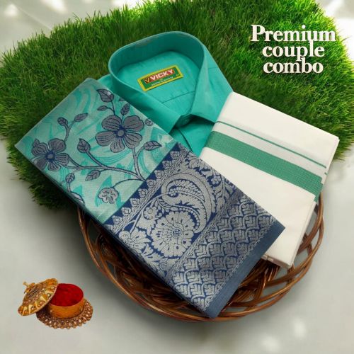 Sea Green & Navy Kupera Silk Saree Couple Se